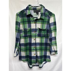 Polly & Esther Womens Medium Plaid Button Up Shirt Green Blue White